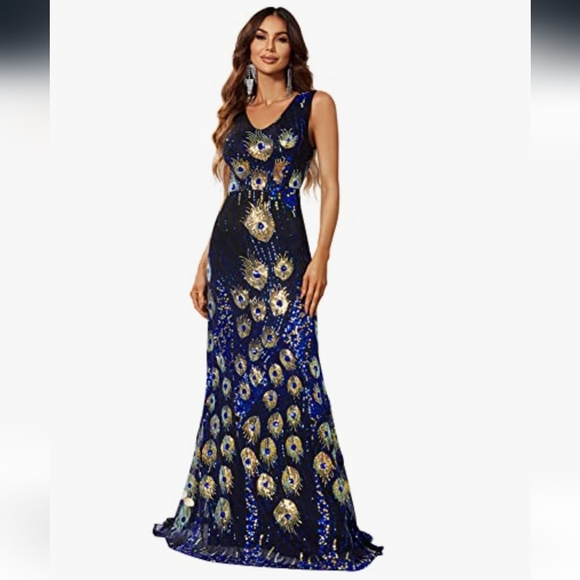Women's Vintage Peacock Sequin Formal Dress V Neck Party Prom Evening Gown 1x - Picture 3 of 16